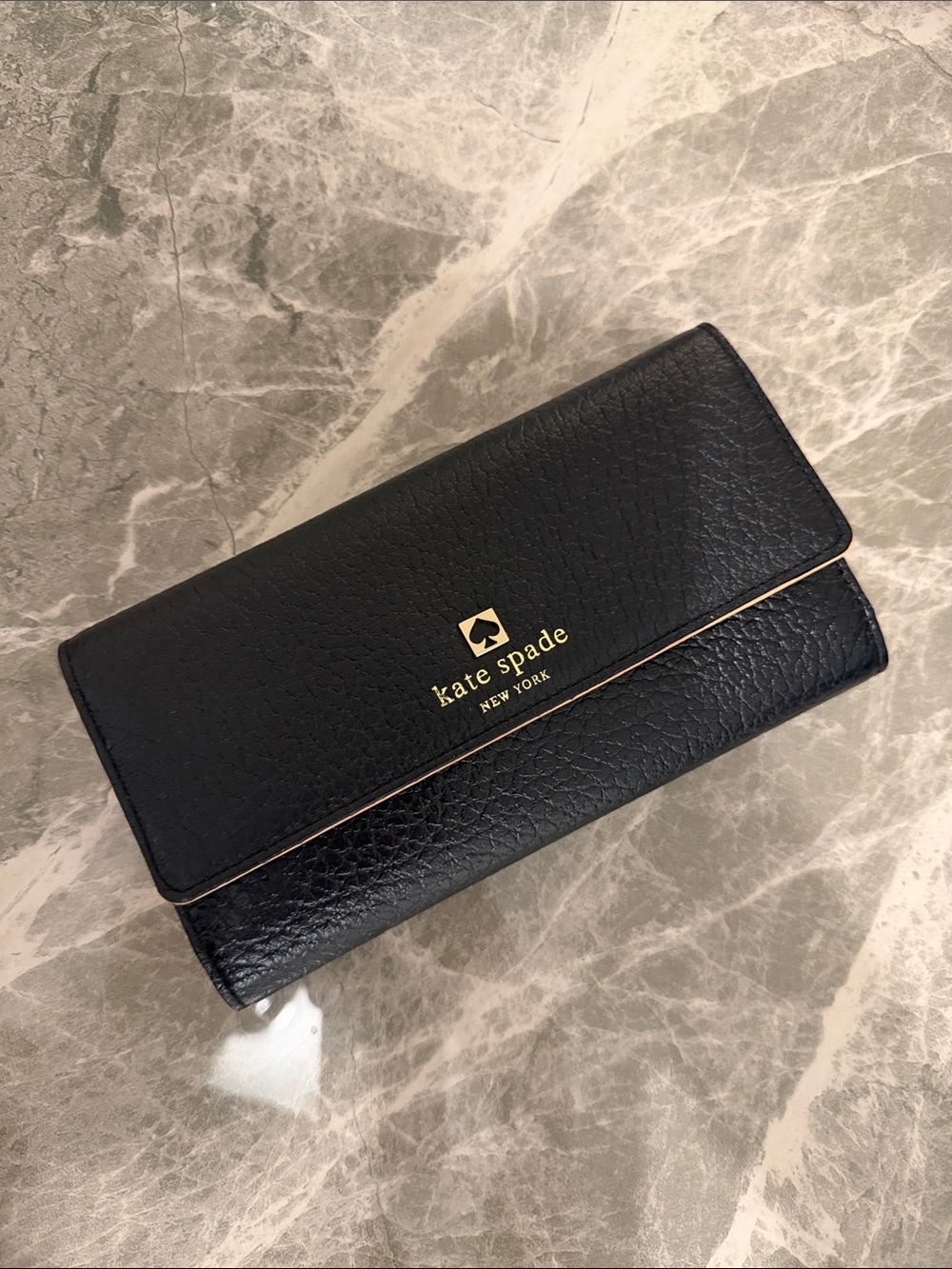 Kate Spade - Black Pebbled Leather Fold Wallet with Gold Logo